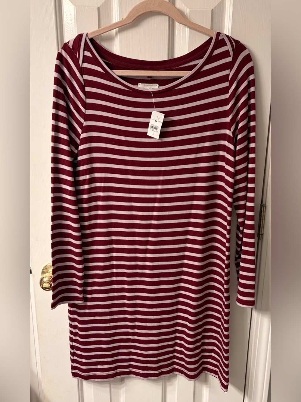 Striped Long Sleeve Tunic Dress in Burgundy and pink stripe Lou & Grey